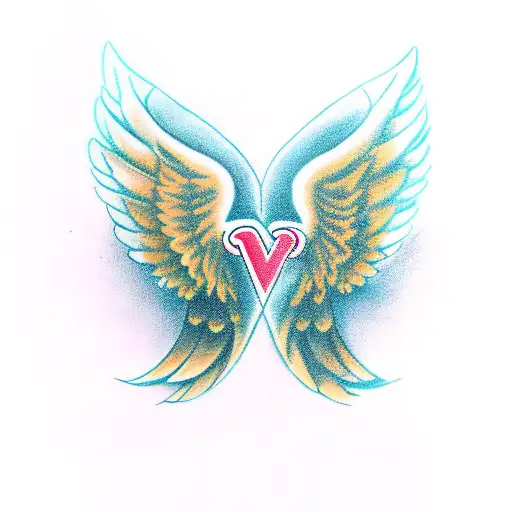 Angel wings and in between with "M" letter, on top nimb tattoo design idea