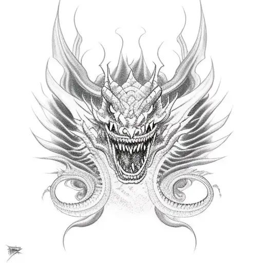 demonic dragon face with snake coming out tattoo design idea