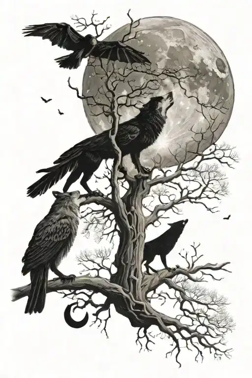 A night sky with an eclipse moon. A Wolf howling at that same moon. While a Crow and a Bat watches over on a tree branch tattoo design idea