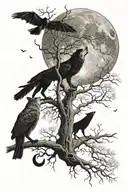 A night sky with an eclipse moon. A Wolf howling at that same moon. While a Crow and a Bat watches over on a tree branch tattoo design idea