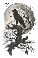 A night sky with an eclipse moon. A Wolf howling at that same moon. While a Crow and a Bat watches over on a tree branch tattoo design idea