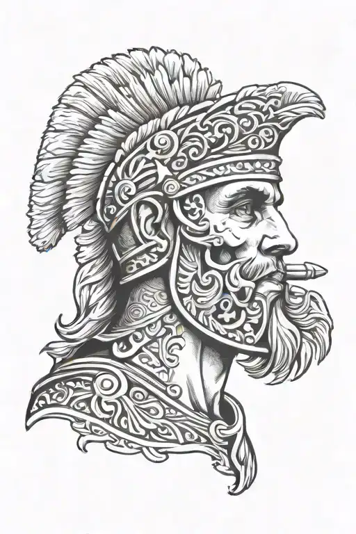black and white Roman soldier head half skull half face tattoo design idea