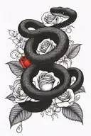  a black snake around a rose with red petals, NLP style writing sentence “ et c'est moi ou tu saigne ? " tattoo design idea