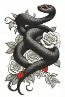  a black snake around a rose with red petals, NLP style writing sentence “ et c'est moi ou tu saigne ? " tattoo design idea