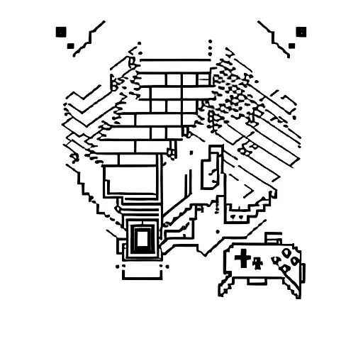 A church made out of pixel art, surrounded by game controllers and a world map tattoo design idea