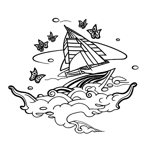 Sailing boat with butterflies, add a surf board, and a japanese tree tattoo design idea