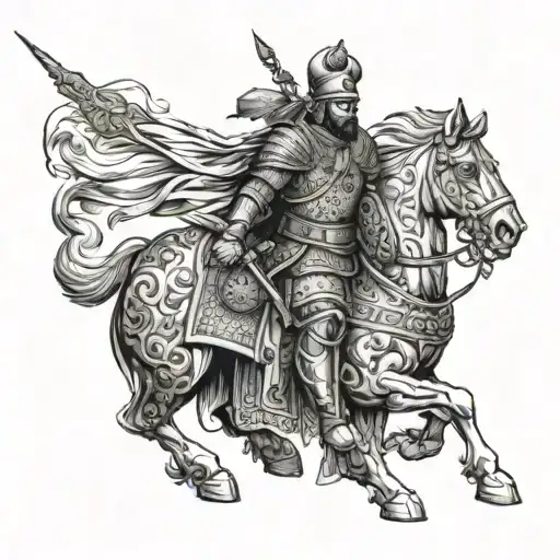 A fierce Persian soldier in full battle gear, standing tall and proud tattoo design idea