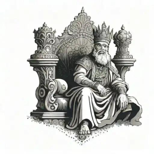 An ancient Persian king sitting on his throne, adorned with jewels and a crown tattoo design idea