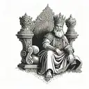 An ancient Persian king sitting on his throne, adorned with jewels and a crown tattoo design idea