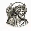 An ancient Persian king sitting on his throne, adorned with jewels and a crown tattoo design idea