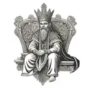 An ancient Persian king sitting on his throne, adorned with jewels and a crown tattoo design idea
