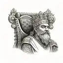 An ancient Persian king sitting on his throne, adorned with jewels and a crown tattoo design idea