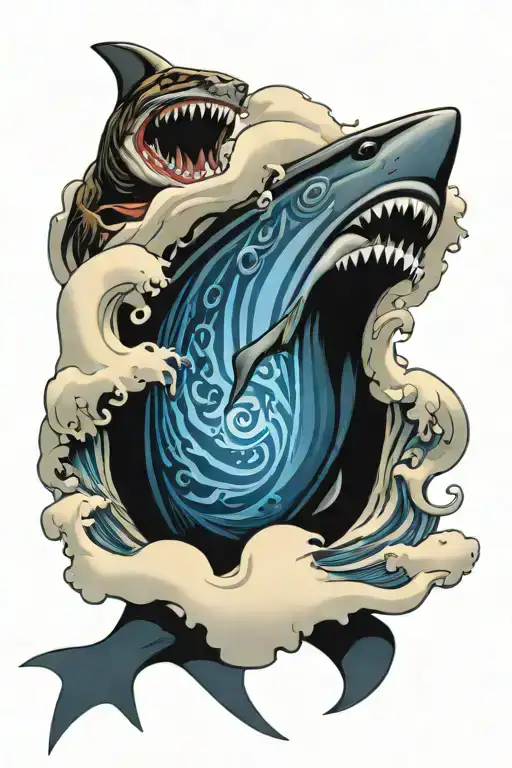 demon surfing waves over a shark  tattoo design idea