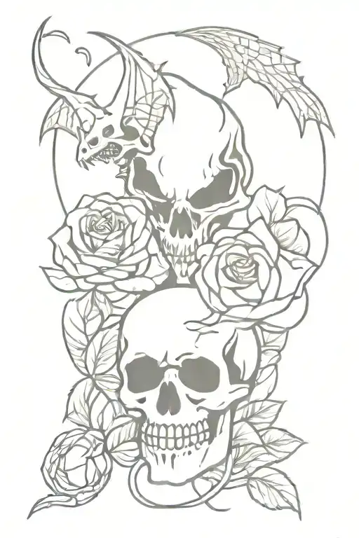 roses and skull and fire breathing dragon tattoo design idea
