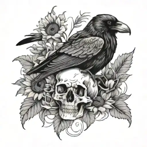 raven sitting on top of a human skull surrounded by sunflowers tattoo design idea