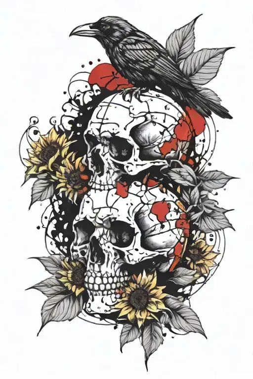 raven sitting on top of a human skull with sunflowers tattoo design idea