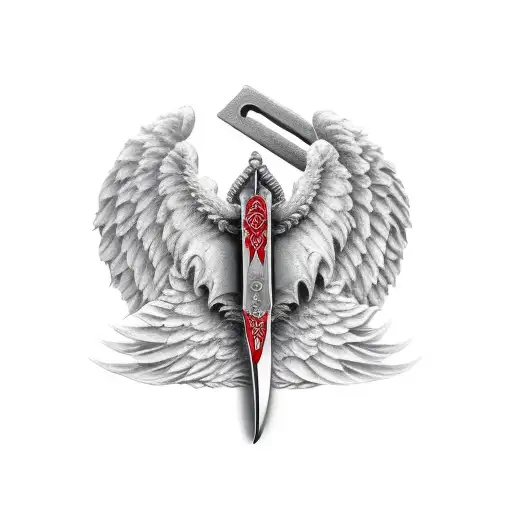 Angel and devil double edged dagger with handle in the middle tattoo design idea
