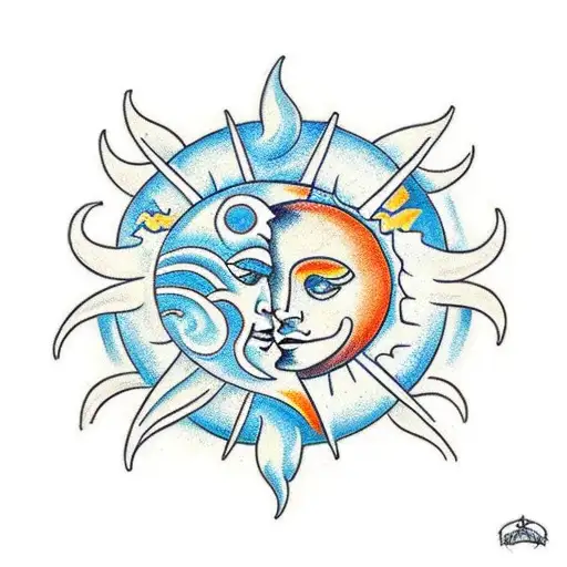 A traditional-style tattoo of a sun and moon fused together with a guitar in the center tattoo design idea