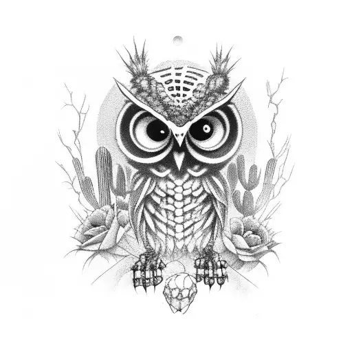 creepy half skeleton owl with cactus having red accents tattoo design idea