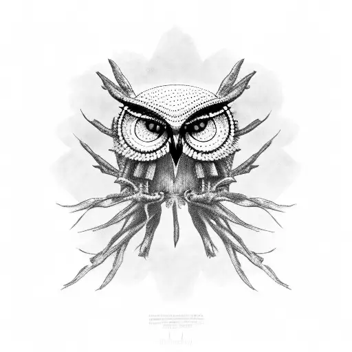 creepy dark realistic half skeleton owl with cactus having red accents tattoo design idea