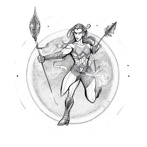 A mystical drawing of a superhero wielding the power of fire and arrows, representing Aries and Sagittarius tattoo design idea
