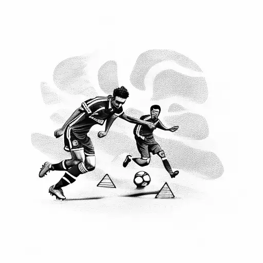A black-grey tattoo of a soccer field with players in action tattoo design idea