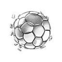 A blackwork tattoo of a soccer ball breaking through a brick wall tattoo design idea