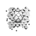 A blackwork tattoo of a soccer ball breaking through a brick wall tattoo design idea