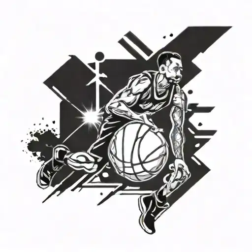 A dynamic tattoo design featuring a basketball player in action, incorporating elements of driving such as a steering wheel or road signs tattoo design idea