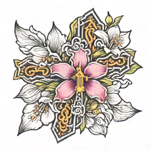 thin cross surrounded by dogwood flowers and Cattleya mossiae flowers tattoo design idea