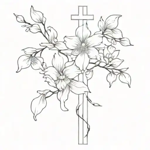 thin cross surrounded by dogwood flowers and Cattleya mossiae flowers tattoo design idea