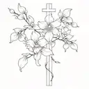 thin cross surrounded by dogwood flowers and Cattleya mossiae flowers tattoo design idea