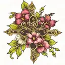 thin cross surrounded by dogwood flowers and Cattleya mossiae flowers  tattoo design idea