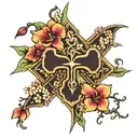 thin cross surrounded by dogwood flowers and Cattleya mossiae flowers  tattoo design idea