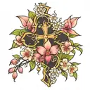 thin cross surrounded by dogwood flowers and Cattleya mossiae flowers  tattoo design idea