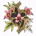 thin cross surrounded by dogwood flowers and Cattleya mossiae flowers  tattoo design idea