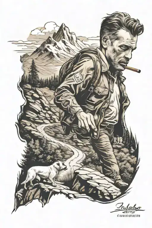 arm sleeve tattoo. of man walking up a mountain path alongside a dog smoking a cigar.  tattoo design idea