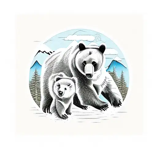 bear family, river, mountains, hause tattoo design idea