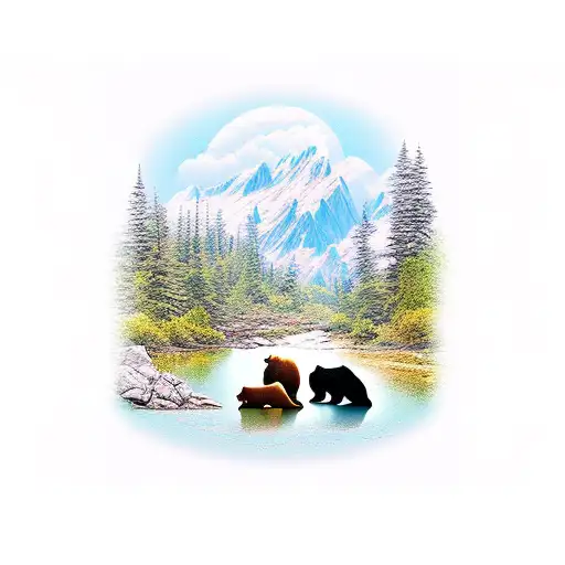 bear family, river, mountains, hause tattoo design idea