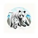 bear family, river, mountains, hause tattoo design idea