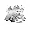 bear family, river, mountains, hause tattoo design idea