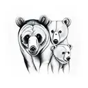 bear family, river, mountains, hause tattoo design idea