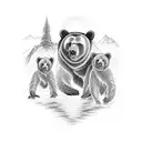 bear family, river, mountains, hause tattoo design idea