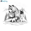 bear family, river, mountains, hause tattoo design idea