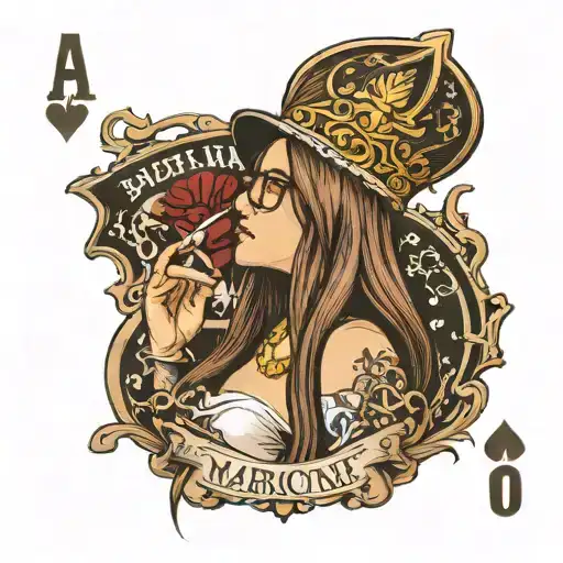 profile girl, glasses, long straight brown hair, tongue out, crown, aquiline nose, ace of spades card, text:Marjorie tattoo design idea