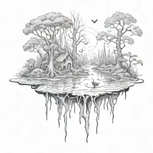 Surrealism "A Detailed Tattoo Of An Enchanted Swamp Symbolizing Transformation" Tattoo Design Idea black and white   tattoo design idea