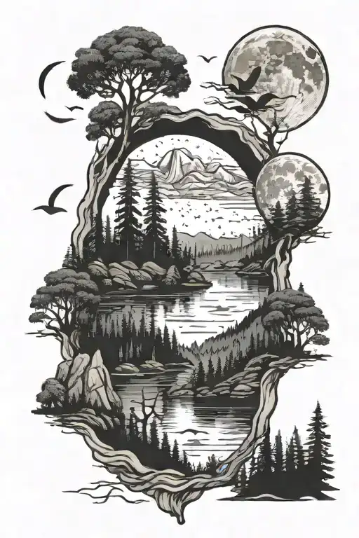 swedish forest with mountains water animals birds and the moon tattoo design idea