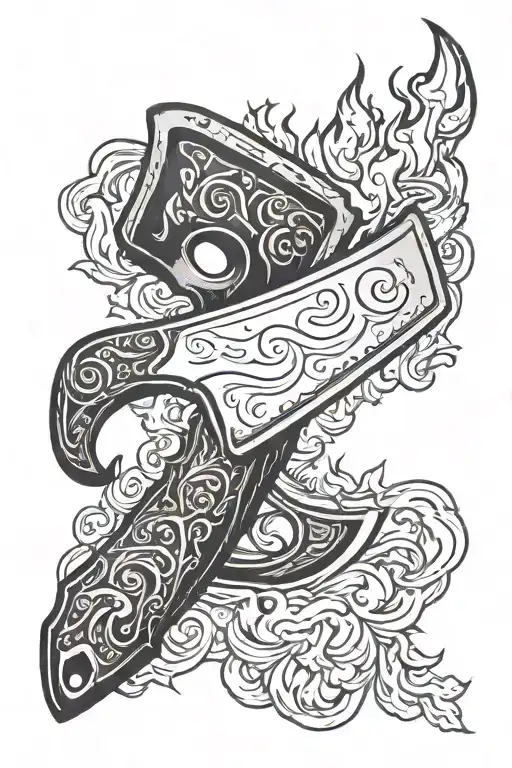 meat cleaver with flaming blade tattoo design idea