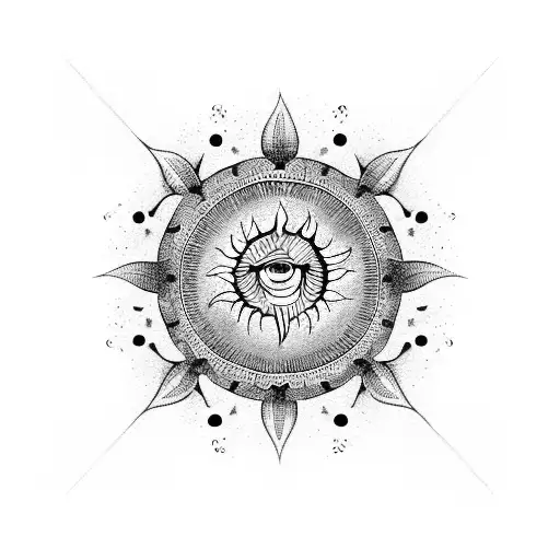 A dotwork mandala with sun motifs and the words 'Memento Mori' hidden within tattoo design idea
