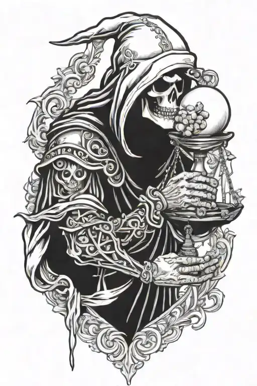 grimreaper holding a scale with a brain and a heart in it tattoo design idea